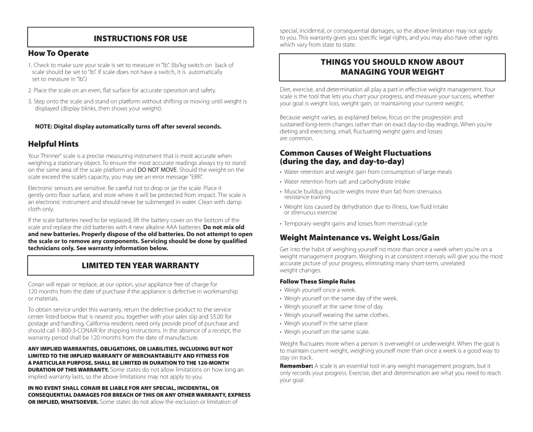 Conair TH328 brochure Instructions FOR USE, Limited TEN Year Warranty, Things YOU should Know about Managing Your Weight 